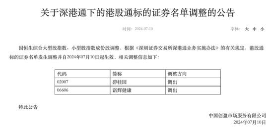 深交所：将碧桂园、诺辉健康调出港股通标的证券名单